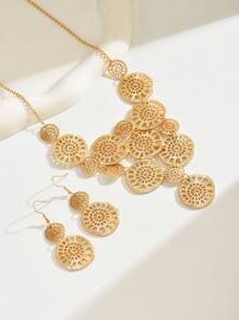 3pcs/Set Women's Stylish And Elegant Middle Eastern Pattern Hollow Geometric Design Round Earrings + Round Hollow Geometric Necklace, Casual And Chic, Suitable For Daily Wear And Gatherings