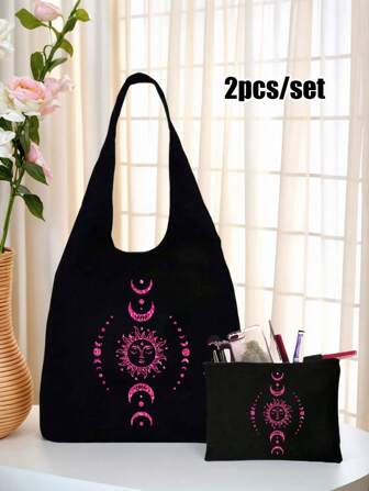 Sun Moon And Stars Printed Canvas Shoulder Bag,A Printed Black Tank Top Tote Bag And A Black Small Bag,Valentine's Day Gifts,Personalized Wedding Gift Bag For Female Bridesmaids, Makeup Bag, Travel Simple Storage Bag,Suitable For Shopping, Traveling And Vacationing,Suitable For Gifting To Family And Friends,Mother's Day Gift