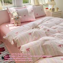3/4pcs Cute Bow Print Duvet Cover Set, Simple Colorful Striped Bedding Set, Super Soft Microfiber Bed Linen Set, Suitable For Children, Teens And Adults (1 Duvet Cover + 1 Flat Sheet + 1/2 Pillow Covers, Excluding Filler) - Pink - View 8