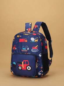 1pc Nylon Zipper Closure Fashion Cartoon Backpack, Unique Design With Adjustable Shoulder Straps, Cute Excavator Printed Pattern, Perfect Gift For Teenagers