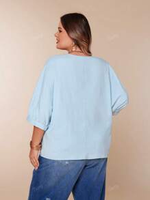 Plus Size Women Elegant Minimalist Solid Color V-Neck Batwing Sleeve Soft Blue Summer Top