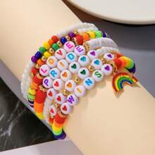 Multipack Rainbow Color Clay Bracelet, Rainbow Flag, Bisexual Pride Bracelet, Various Acrylic Beads And Elastic Bracelet Set