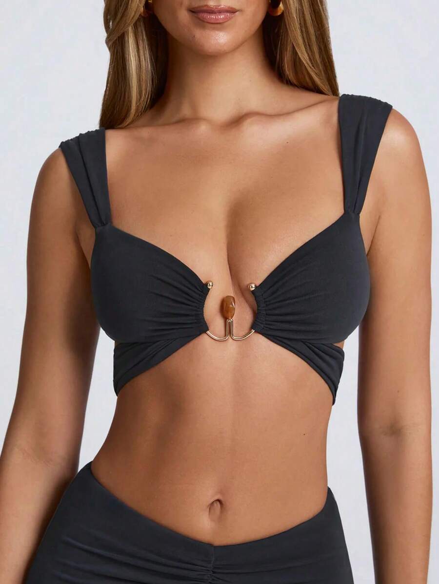 Mujer Elegante Sexy Detalle de Herraje Corte Ajustado Ceñido Cuello en V Corto Perfecto para Festival Fiesta Negro Verano - Negro - Ver 1