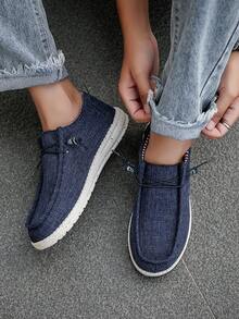 男士蓝色条纹休闲一脚蹬帆布乐福鞋，简约设计舒适系带鞋，适合日常通勤户外穿着，情侣款，四季皆宜 - 藍色 - 查看 9