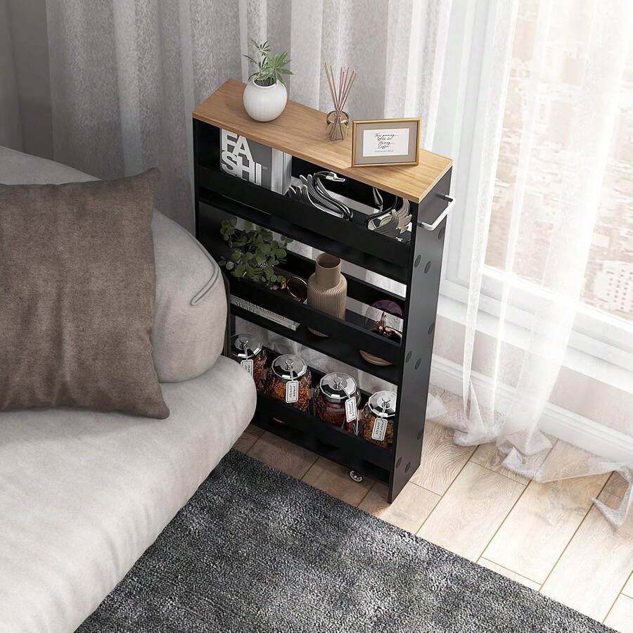 Slim Rolling Storage Cart, 4-Tier Rolling Utility Cart, Wood Kitchen Storage Cart With Handle & Wheels, Narrow Rolling Shelving Unit For Kitchen Bathroom Laundry Small Places