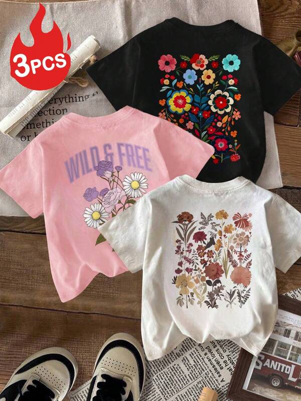 3 Pcs/Set Girls' Casual Printed Round Neck Short Sleeve T-Shirt, Summer Top