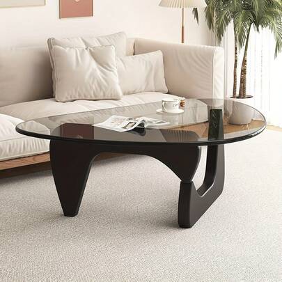 Triangle Glass Coffee Table With Wooden Base: Mid-Century Modern Abstract End Table For Living Room, Study, Office, Hotel & Balcony (Walnut/Transparent/Black)