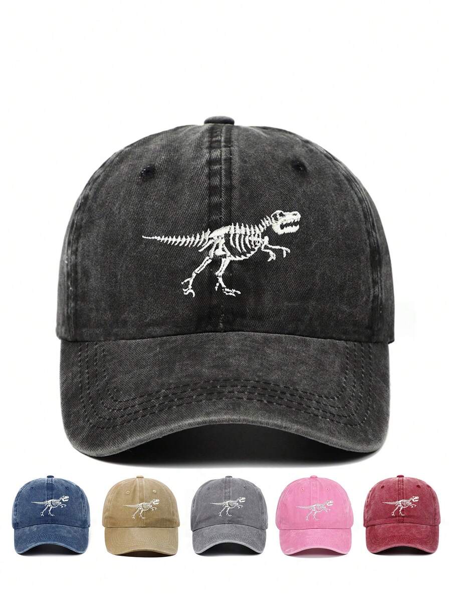 1 pieza Gorra de béisbol para niños/niños pequeños con lavado mate con diseño bordado de dinosaurio y patrón de hueso, apta para todas las estaciones - gorra de beisbol - Ver 1