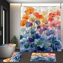 1/4pcs Floral & Leaf Print Shower Curtain - Durable Polyester, Machine Washable, Includes Hooks - Suitable For All Seasonsbathroom Decor Summer - Multicolor - View 7