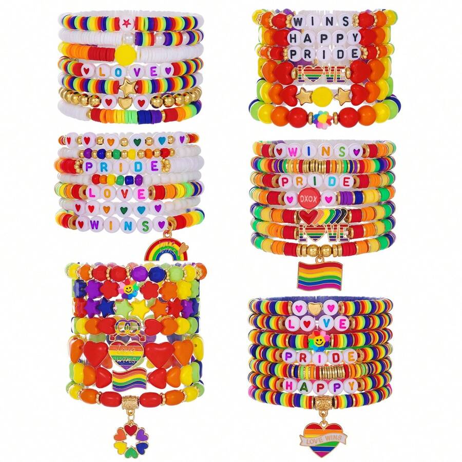 Multipack Rainbow Color Clay Bracelet, Rainbow Flag, Bisexual Pride Bracelet, Various Acrylic Beads And Elastic Bracelet Set