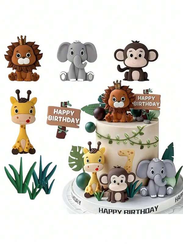 13 pezzi o 1 pezzo di decorazioni per torta a forma di foglie di foresta, decorazioni per torta tema jungle con animali come leone, giraffa, elefante, scimmia, erba, marchio Happy Birthday Tree, adatte per decorare torte di compleanno, feste a tema foresta, battesimi, baby shower