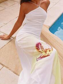 Vestido de verano estampado tipo chaleco para mujer - sin espalda, entallado - adecuado y a la moda, ideal para fiestas, playas, uso diario y vacaciones - Amarillo - Ver 4
