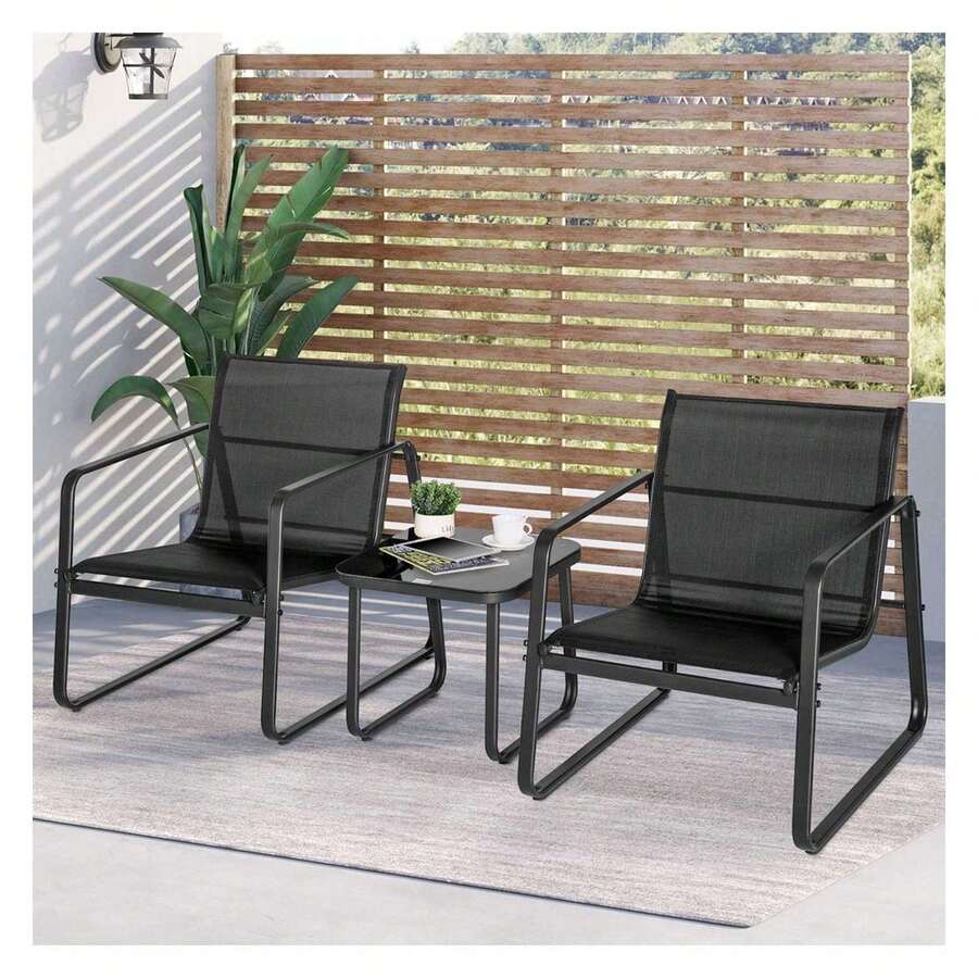 3 Pieces Patio Bistro Furniture Set With Glass Top Table Garden Deck Black - Multicolor - View 1