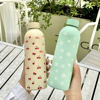 1pc Stainless Steel Insulated Tumbler With Cherry, Bow And Tulip Motif, Portable Small Cup, Hot/Cold Back To School