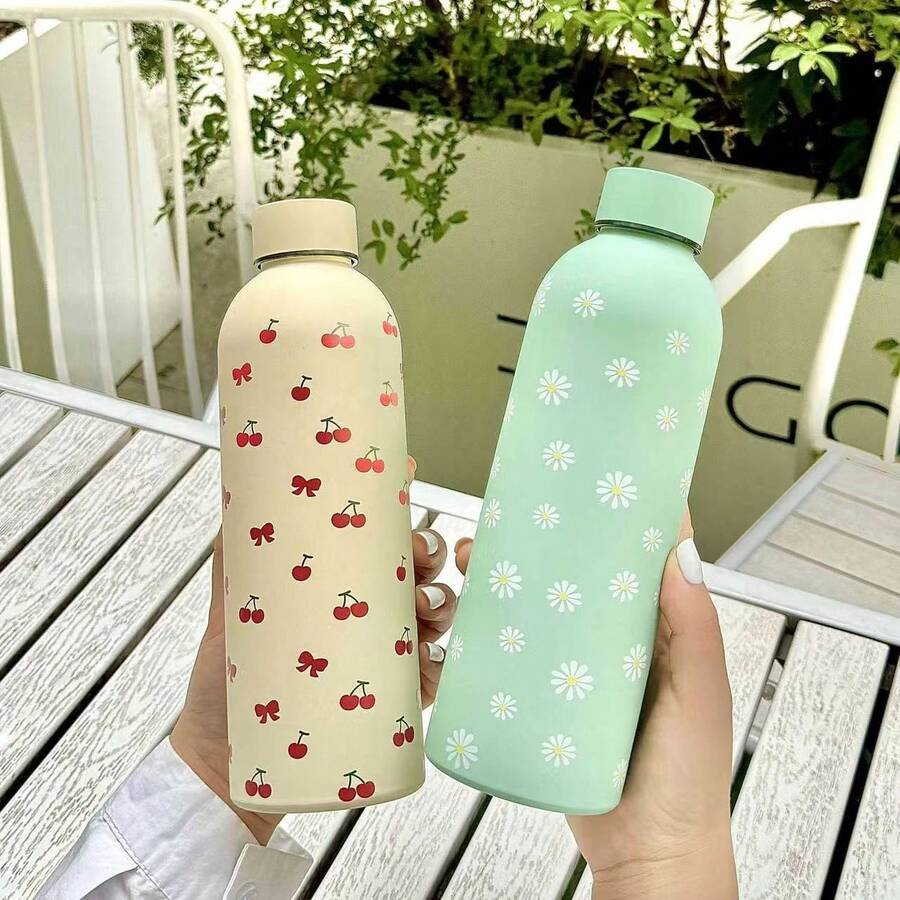 1pc Stainless Steel Insulated Tumbler With Cherry, Bow And Tulip Motif, Portable Small Cup, Hot/Cold Back To School - Multicolor - View 1