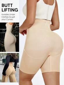 女式高腰弹力修身紧身裤，超柔软单层，膝盖长度 - 杏色 - 查看 2