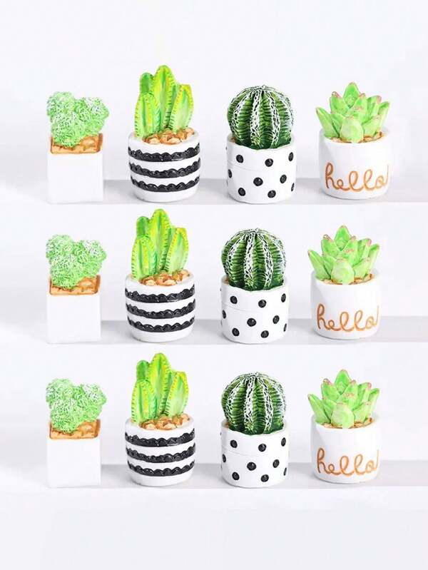 12pcs Realistic Mini Pots, Miniature Plants Model For Micro Landscape Decoration, Small Potted Plants & Greenery Ornaments