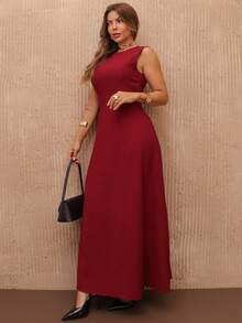 Elegant Long Marrente Party Birthday Casual Summer Women Sleeveless Solid Chic Non Ironing Dress S M L - 酒紅色 - 查看 2