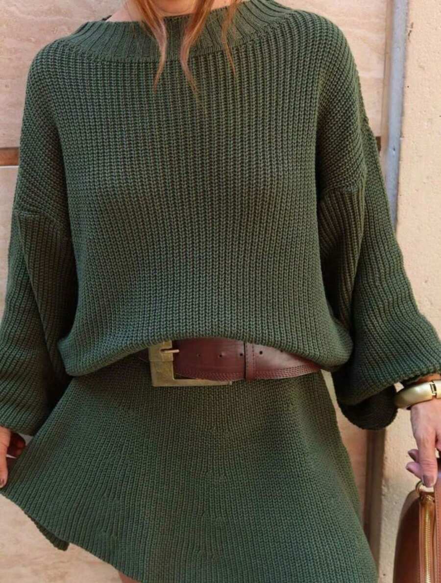 Knitted Set With Puff Sleeve Blouse And Short Skirt Simple Casual Knitted - 軍綠色 - 查看 1