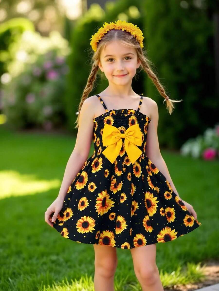 Young Girl Sleeveless Ruffle Sunflower Pattern Bow Tied Dress, Fresh And Energetic Yellow Color, Waist Pleat Design, Suitable For Summer Outdoor Play, Beach Holiday, Fits 4-7 Years Old, Spring/Summer - Multicolor - View 1