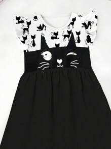 Seven Princess Robe d'été à manches courtes, taille cintrée et coupe évasée avec imprimé chat mignon, pour jeunes filles. Style décontracté de princesse pour vacances.