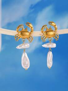 1 Pair Of Stainless Steel 18k Gold Ocean Series Beach Vacation Style, Crab Earrings, Octopus Earrings, Small Fish Earrings, Pearl Earrings, Pendant Earrings, Give Gifts To Friends