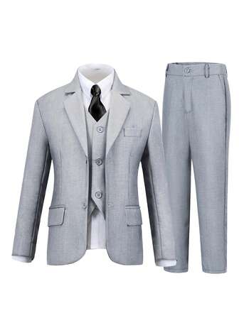 Traje de 4 piezas para niño preadolescente, conjunto de esmoquin, atuendo para pajecillo de boda, blazer, chaleco, pantalones, corbata, traje formal, color gris claro, tallas 4-16 años
