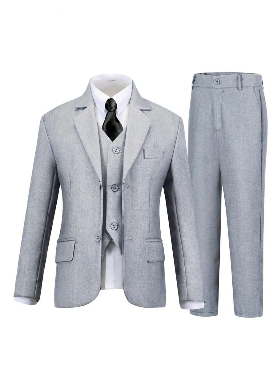 Tween Boy Suits 4-Pieces Suit Set Tuxedos Dresswear Ring Bearer Outfit Wedding Blazer Vest Pants Tie Formal Suits, Light Grey Size 4-16Y