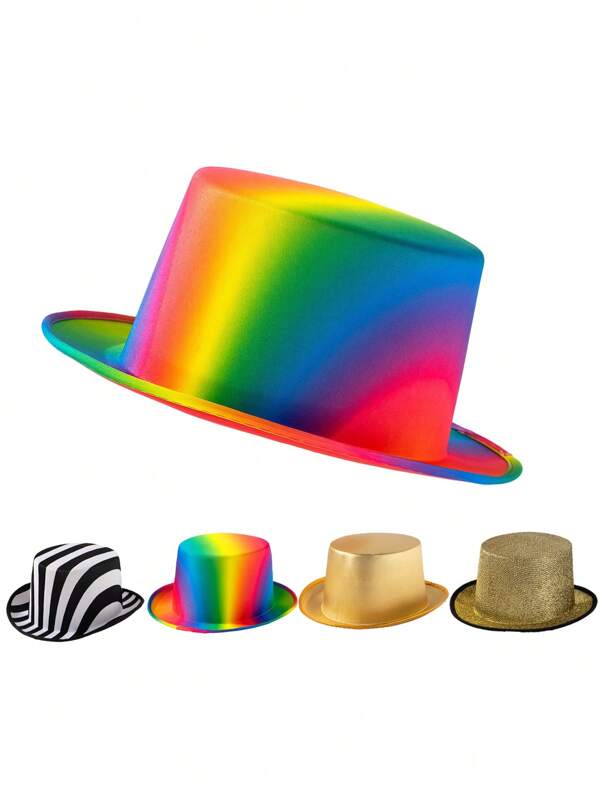 1pc Zebra Print Casual Polyester Solid Color Reversible Bucket Hat, Rainbow Contrasting Colors, Flat Brim, Shiny Texture, Ideal For Stage Performance, Magician Costume, Solid Color Shiny Small Formal Hat