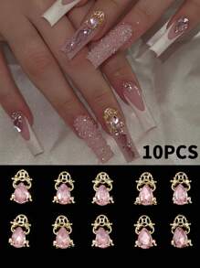 10 Pieces Of Pink Nail Art Accessories, Alloy Rhinestone Three-Dimensional Exquisite And Versatile Light Luxury Nail Pendants, DIY Wearable Nail Material Bag, Suitable For Nail Salons