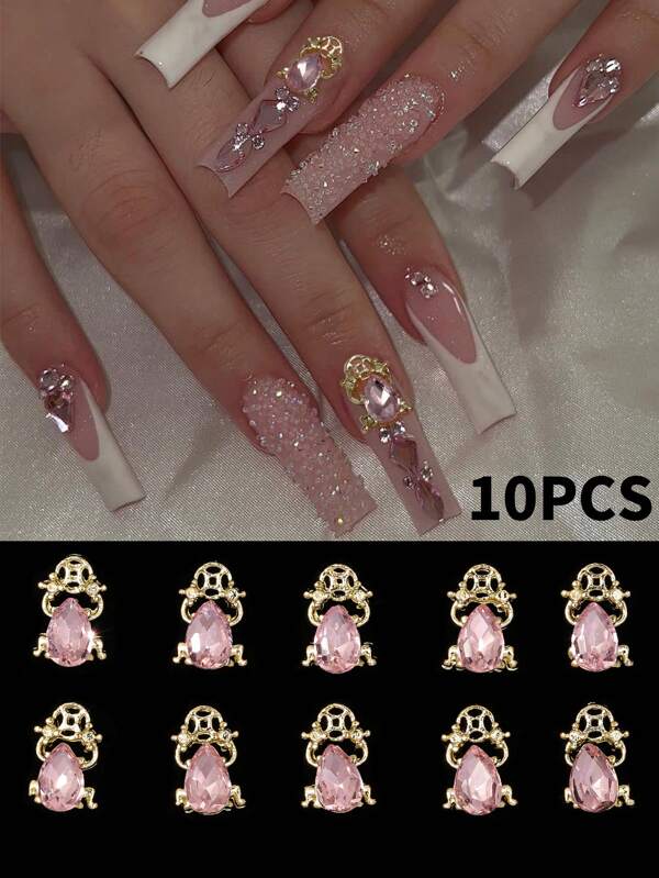 10 Pieces Of Pink Nail Art Accessories, Alloy Rhinestone Three-Dimensional Exquisite And Versatile Light Luxury Nail Pendants, DIY Wearable Nail Material Bag, Suitable For Nail Salons