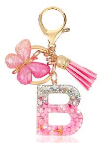 Personalized Bling Monogram Keychain For Women - Resin Letter Charm With Silvery Glitter, Pink Pebble & Gold Star Shaker - Birthday Gifts For Her, Anniversary Present With Pink Tassel & Butterfly Accent Car Accessories Bag Charm School Cute Goth Y2k - Pink - View 6