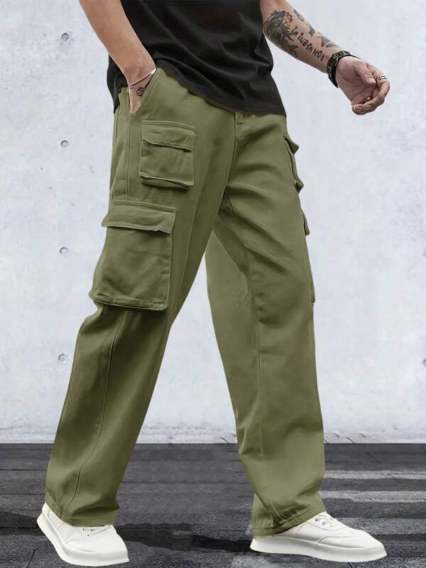 1 Piece Men's Solid Color Work Trousers With Multiple Pockets, Suitable For All Seasons, Wear Pocket Work Trousers For Ordinary Street Outings, As A Gift For Husband Or Boyfriend