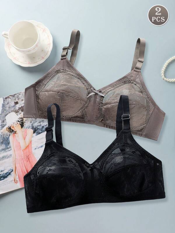 2 pezzi Reggiseno in pizzo con copertura completa per donne, reggiseno sexy senza ferretto, traspirante e sottile imbottito, adatto per grandi seni