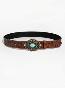 1pc Brown & Blue Agate Decor Royal Floral Embossed Waist Belt Jeans Accessory Versatile Summer, School Fall, Autumn, Halloween