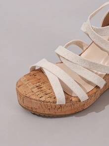 Women's Strap Soft Cork Wedge Sandals - Open Toe Design, High Heel Thick Bottom Khaki Color Increasing Height Sandals, Casual Beach Essential, Woven Sandals - White - View 2