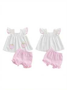 Baby Girl Summer Clothes Stripe Print Flying Sleeve Square Neck Tank Tops Ruffled Shorts Outfit - White - View 2