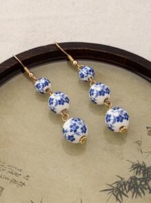 2 piezas de Elegantes pendientes de mujer de cuentas de cristal con borlas, estilo chino de porcelana azul y blanco con flores, multicolor, apropiados para fiestas, banquetes y uso diario