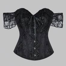 1 件女式宫廷风格紧身胸衣上衣，经典提花紧身胸衣蕾丝露肩性感紧腰塑身复古婚礼派对紧身胸衣，适合万圣节 - 黑色 - 查看 11