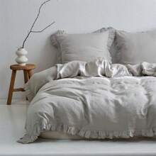 2/3 PCS 100% Linen Duvet Cover Set, Natural French Flax Ruffle Duvet Cover, Breathable Comfy Linen Bedding Comforter Cover With 1/2 Pillowcases