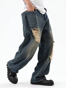 Y2K Vintage Style Men's Blue Retro Washed Loose Wide Leg Ripped Jeans Straight Leg Loose Jeans, Perfect Gift For Husband, Boyfriend - 藍色 - 查看 4