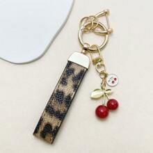 TTOBS 1pc Exquisitely Crafted Leopard Print Leather Car Key Chain With Adorable Cherry Pendant - , Fashionable And Multi-Functional Backpack Keychain - The Perfect Accessory For Backpacks. The Perfect Valentine's Day Gift, Also An Ideal Gift For Your Beloved Girlfriend.