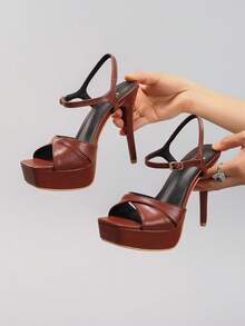 女士防水厚底高跟凉鞋，露趾性感派对正装鞋，时尚细高跟鞋，棕色