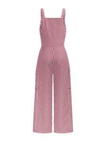 Women's Casual Square Neck Striped Patchwork Long Jumpsuit With Suspenders