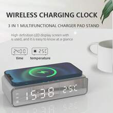 3合1快速無線充電座，搭配LED鬧鐘和溫度計 - 簡潔觸控設計，適用於家庭或辦公室