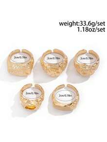 5pcs/Set Men's Unique Rhinestone Embellished Crinkle Texture Metal Style Ring Set - Gold - View 4