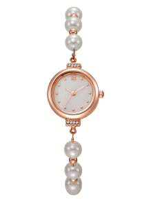 1pc Women's White Beaded Pull-Chain Rose Gold Case Mother Of Pearl Texture Dial Elegant Quartz Watch, Suitable For Party Decoration