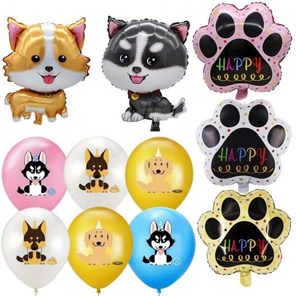 17pcs Pet Dog Theme Foil Balloon Set, Includes Husky, Corgi, Paw Print Foil Balloons And 12in Dog Latex Balloons, Suitable For Birthday Parties, Theme Parties, Pet Parties, Family Gatherings, Outdoor Events