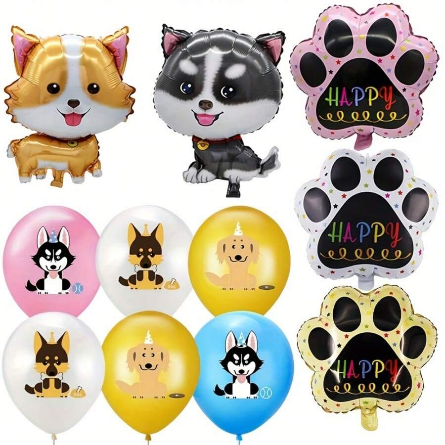 17pcs Pet Dog Theme Foil Balloon Set, Includes Husky, Corgi, Paw Print Foil Balloons And 12in Dog Latex Balloons, Suitable For Birthday Parties, Theme Parties, Pet Parties, Family Gatherings, Outdoor Events
