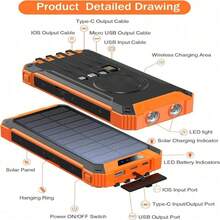 40000mAh 太阳能移动电源无线充电器内置 4 条电缆 六个输出三个输入 15W 快速充电移动电源适用于所有带有双手电筒的移动设备太阳能便携式充电器适合夏季假期户外旅行/露营和应急备用移动电源太阳能移动电源 - 橘色 - 查看 9